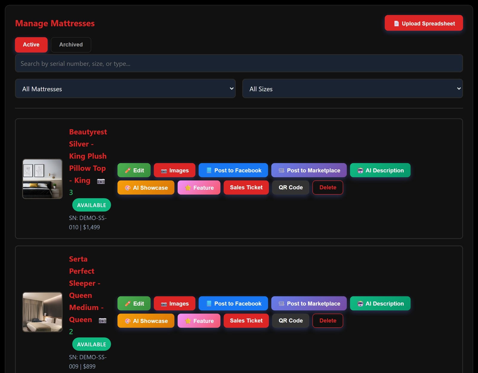 BedSync Manage Inventory screen listing a dealer's beds, each with one-tap actions
